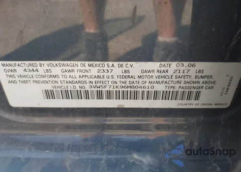 2006 Volkswagen Jetta 2.5 из США, поврежденный, VIN 3VWSF71K96M804610